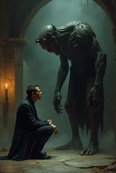 The creation of the monster asking for a mate: The monster begging Frankenstein to create a mate for him. This could be illustrated in a secluded place, with the monster kneeling and Frankenstein showing doubt and conflict.