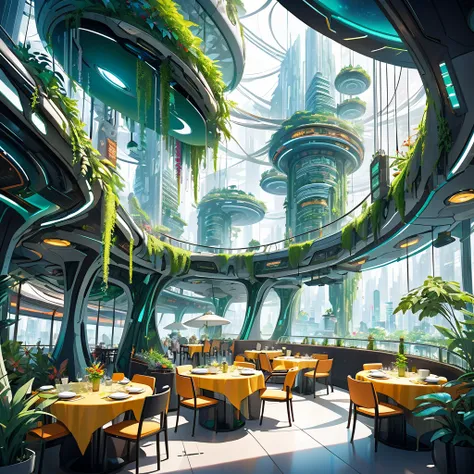 Interior of hanging restaurant in ecofuturistic city, with many green and colorful plants decorating the interior of the restaurant, futuristic city.