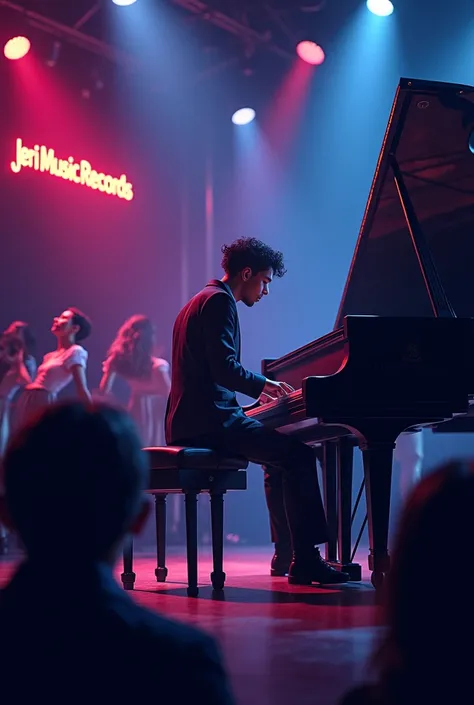 A jazz pianist performing at stage in a dark room..and there is writing JerisMusicRecords"..image is in cartoon  but lalaland movie style ..also a musical is happening same time..there is dancers in there