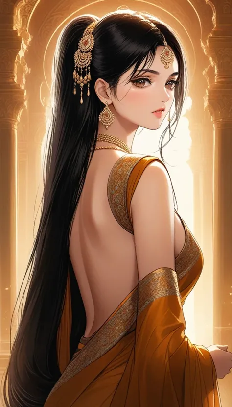 (best quality,highres,realistic:1.37)a stunningly beautiful indian princess with piercing dark eyes and delicate facial features, her long wavy dark hair cascading down her back, wearing an ornately embroidered and flowing colorful silk saree, adorned with...