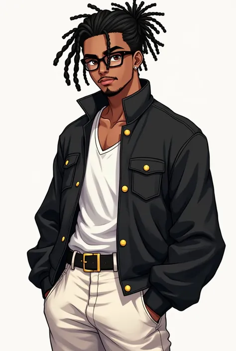 Dark-skinned young man with brown eyes and a black jacket., Black dreadlocks, Black nerd glasses and stubble beard, Hairstyle with dreadlocks, in human style, colorful sketch, unrealistic character concept, Conceptual portrait of my character, подробный ch...