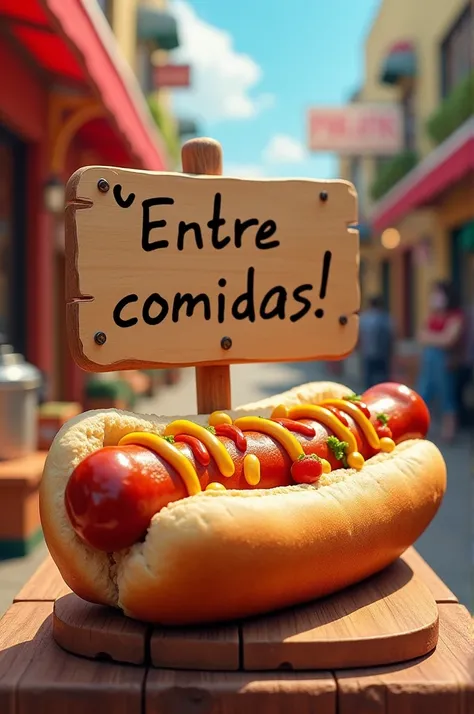 Create an image of a hot dog that says on a sign between meals in Spanish 