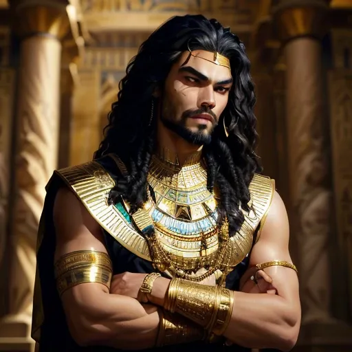 Arafid man with a gold collar and a black dress, jason momoa, like an Assyrian, brown skin man Egyptian prince, the Egyptian god, Egyptian god, Egyptian, Pharaoh, Egyptian warrior, Pharaoh, Apophis, Egyptian God, Pharaoh clothes, wearing an Egyptian crown,...