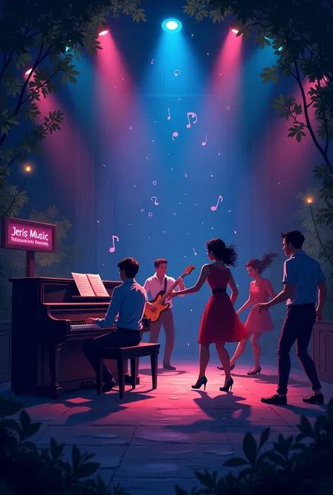 A jazz pianist performing at stage in a dark room..and there is writing JerisMusicRecords"..image is in cartoon  but lalaland movie style ..also a musical is happening same time..there is dancers in there