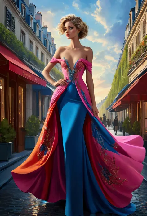 Beautiful Parisian female model，Flowing magic realism dress，Detailed facial features，High Fashion，Elegant posture，Complex design，Eye-catching makeup，Dramatic lighting，Fantasy Background，Vibrant colors， ((Inspired by Megan Hess)), Concept Art