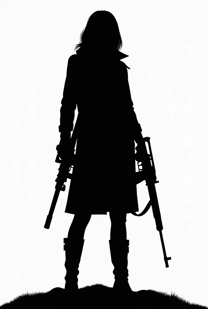 a silhouette of a woman holding two guns and a gun, character silhouette, detailed silhouette, half - body shot, half-body shot, black silhouette, of a sniper girl in war, female lead character, silhouette!!!, female spy, half body shot, silhoutte, carryin...