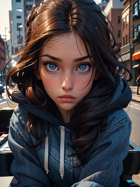 a pretty brunette girl, 22 years old, wearing a black hoodie and blue jeans, Play a piano in the street, pensive and slightly sad expression, detailed facial features, detailed eyes and lips, complex urban background, whimsical lighting, Cinematic composit...