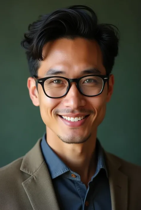 Male teacher with glasses, asian, green eyes, black hair, lean and sharp features with a vintage and rich style as well as light tanned skin, and 5ft 9