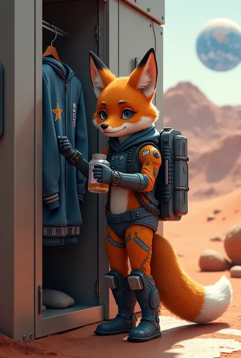 A adult orange and dark blue fox in a spacesuit on mars in a building made from metal, grabbing a hoodie from wardrobe with earth in the backround, and beautiful expression on face while holding a small jar with water in it