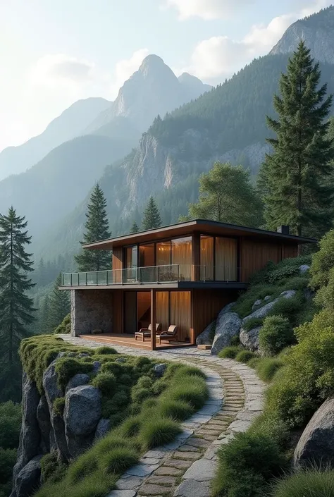 a modern realistic hotel about 30 meters long/Two-story building on top of a mountain with ample parking, But I want to see the rooms inside., They are luxurious but rustic with a nature theme.


