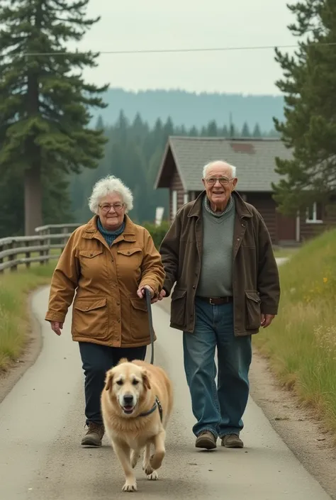 A fat women walking on canada road near ger house with her long aged husband while a dog ran behind her and bark, she ran to save her self but her foot got twist and injured
