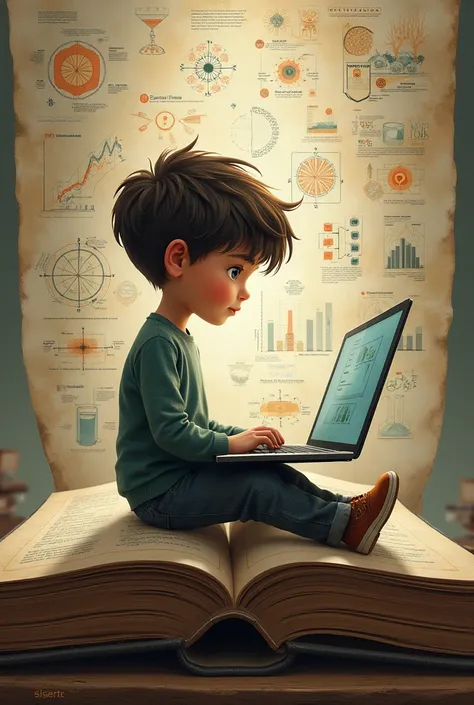 Make image a boy sitting on book and have a laptop and in background lot of diagram