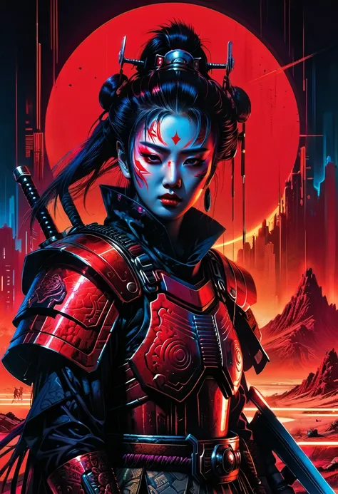 a high-quality digital painting of "the warlord, cyberpunk samurai warrior, red desert geisha, scary garry", futuristic, cyberpu...