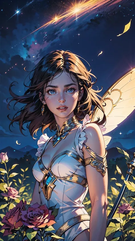 beautiful transparent flower fairy baby, transparent colorful feathers, the cane waving in the wind､The cane shone in the starlight，golden cane，Beautiful blue sky and white clouds、the girl has transparent wings､smile gently､Beautiful garden background､gent...