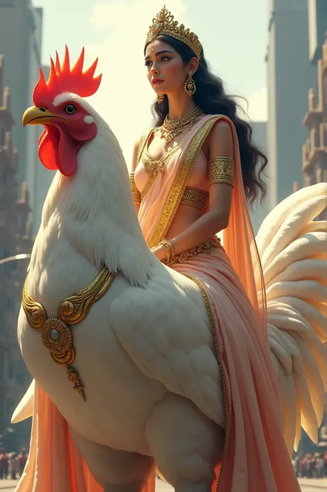 A healthy goddess is sitting on a white rooster and the background is of a big city and the goddess is full saree and full blouse costume 3d 