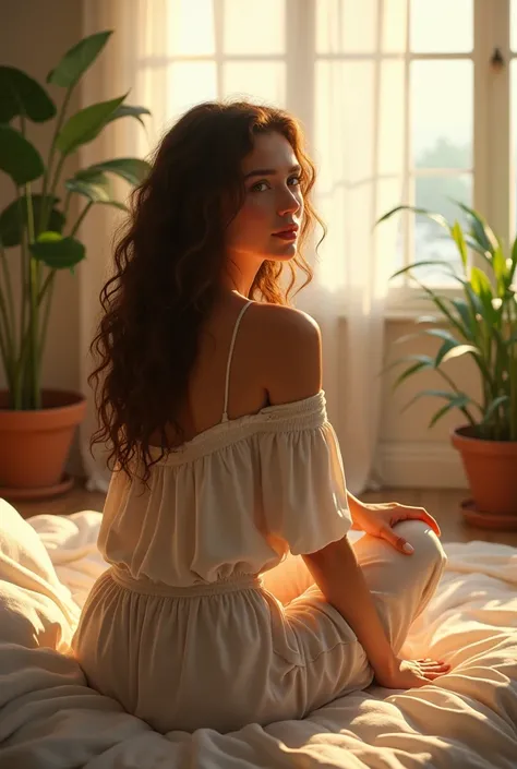 (photorealism:1.2), beautiful woman, sitting on bed, wearing loose off-shoulder top, pajama pants, long curly hair, indoors, soft lighting, plants in background, window with sunlight, cozy room, relaxed pose, realistic, intricate details, warm colors, by G...