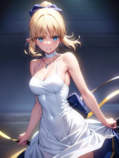 masterpiece,best quality, A girl, Gloves, Elbow Groove, Necklace, White Dress, Chest, clavicle, Ponytail, Chest乳沟, Off-shoulder dress, bow, Show your shoulders, short hair, Blue Necklace, Hair bow, Blue Ribbon, Large Breasts, Adult 20 years old, whole body...