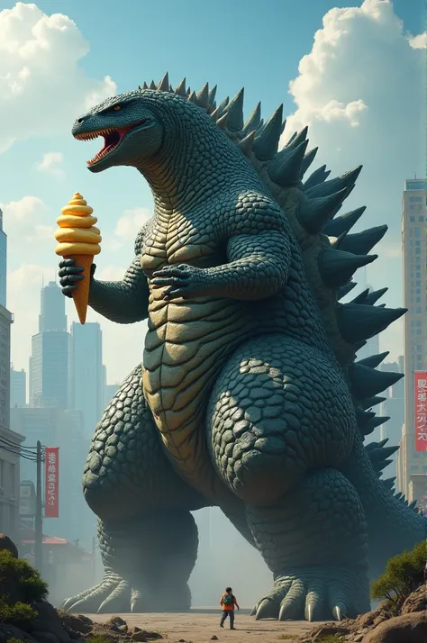 Godzilla holding a potato cone 