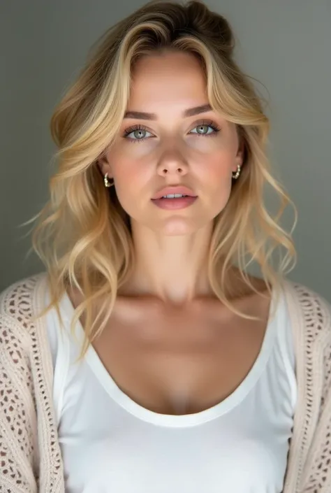 plan de tout le corps d&#39;a woman with a white top and earrings&#39;ears, 19-year-old female model, cheveux blonds et grands yeux, Portrait Sophie Mudd, Very beautiful young woman, beautiful blonde girl, extremely beautiful face, thanks alexa, a beautifu...