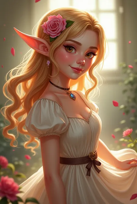 2d,girl , elf, hair rose, withe dress