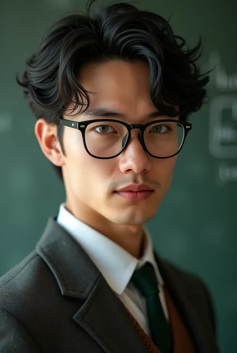 Male teacher with glasses, asian, green eyes, black hair, lean and sharp features with a vintage and rich style as well as light tanned skin, and 5ft 9 And is 21 years old but looks a bit aged. And sexy with two buttons undone

