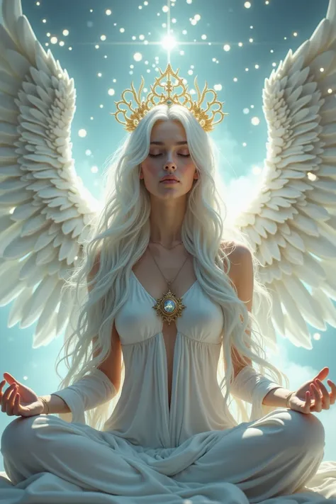 "An angelic female figure, with long white hair, eyes closed in deep meditation, surrounded by white lights and an elaborate crown, radiating a celestial light in a mystical and ethereal environment."