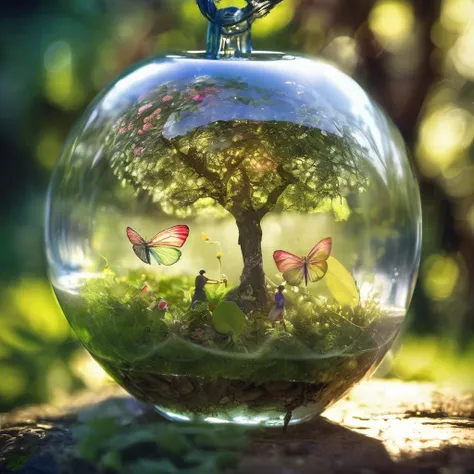 Double exposure photo image, combining a small fairyland with fairies and a glass apple, glass apple hanging on a tree branch with leaves, inside a glass apple there is a fairyland with fairies with their own details, finely inscribed inside a glass apple,...