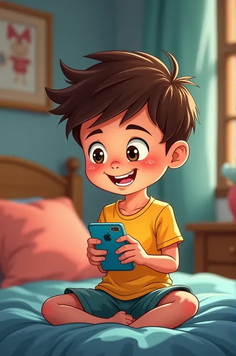 A cartoon boy sit down on bed on attend a phone cartoon boy