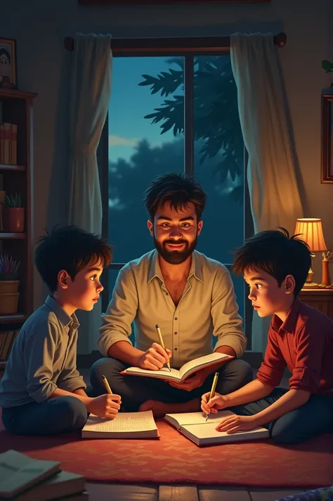 A young father teach to two boys in a poor living room in mid night village and bboys are writing in books