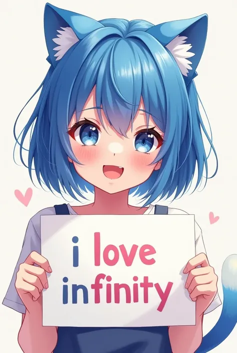 a beautiful and cute woman holding up a sign "i love infinity", joyful, happy, anime illustration, photorealistic, oil painting, blue bob hair, blue cat ear, blue eyes