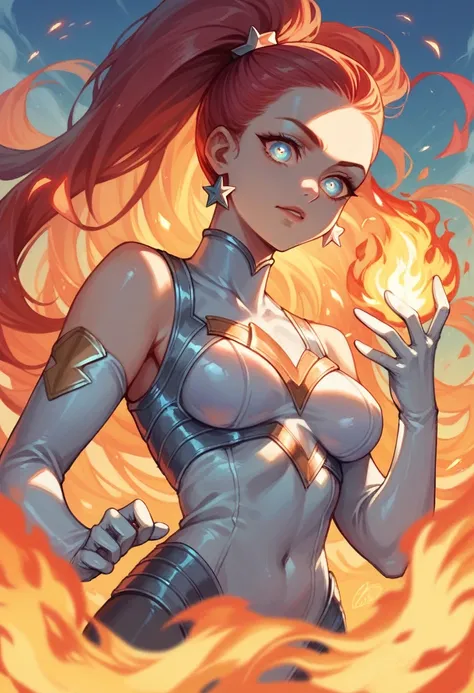 One woman, Ariana grande, 20 years old, detailed face, mid breasts, white and black superheroine suit, sleeveless, red hair, long hair, fire hair, surrounded by flames, fire, glowing eyes, levitating in the sky,