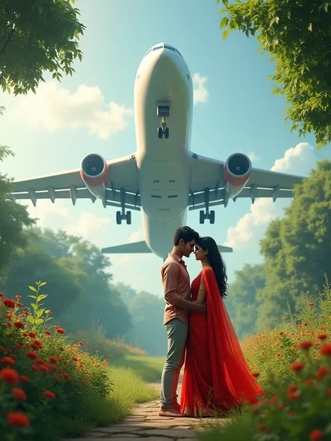 There is a 21 year old Indian boy and he has a girlfriend who is wearing a red coloured saree and both in a garden and in the back of them there is a huge aeroplane