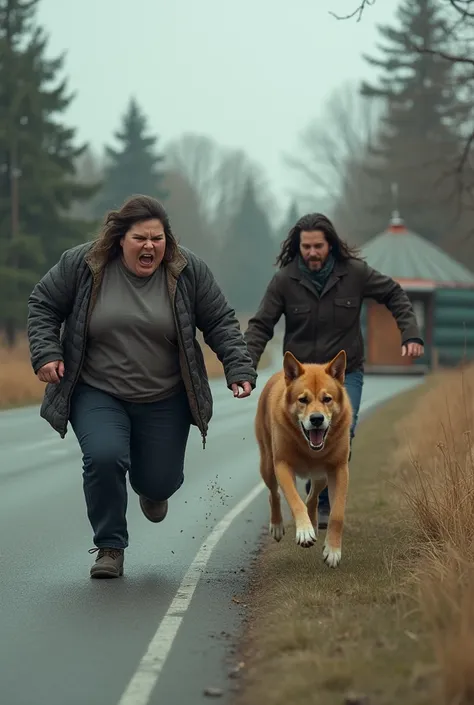 A fat women walking on canada road near ger house with her long husband . while one dog ran on her back to bite her, she cries and ran to save her self and her husband also ran forward but womens foot get bend and injured, 
