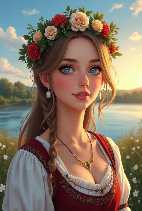 20 year old woman in Ukrainian costume Corolla wreath wearing wreath on head Blue eyes River and blue sky in background Afternoon light sunset realistic illustration