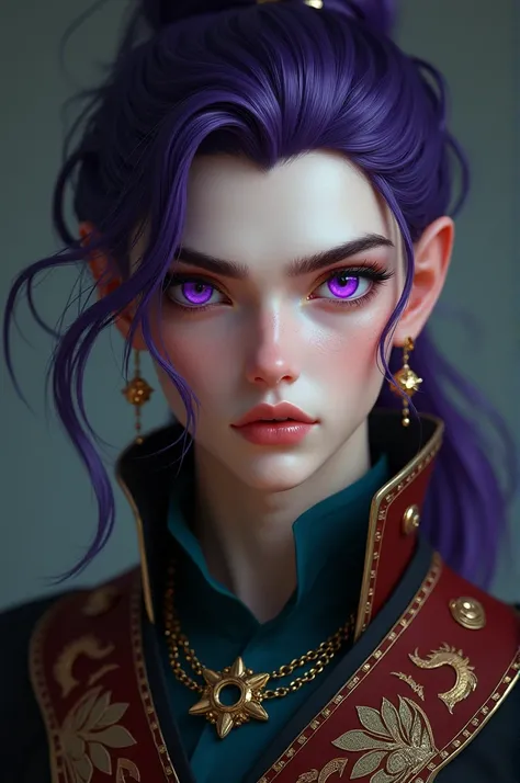 young ottoman man with long dark purple hair in a ponytail bright violet eyes white skin small earrings elegant ottoman clothes pirate jewelry 