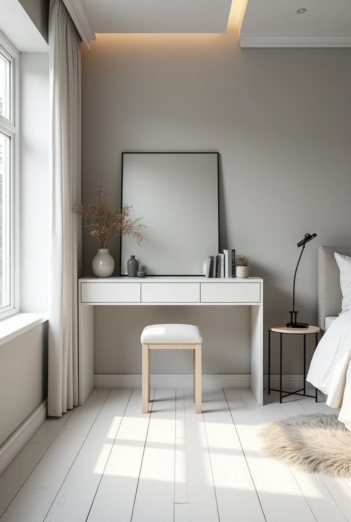 Decor A simple gray and white 9m2 bedroom with dressing table 