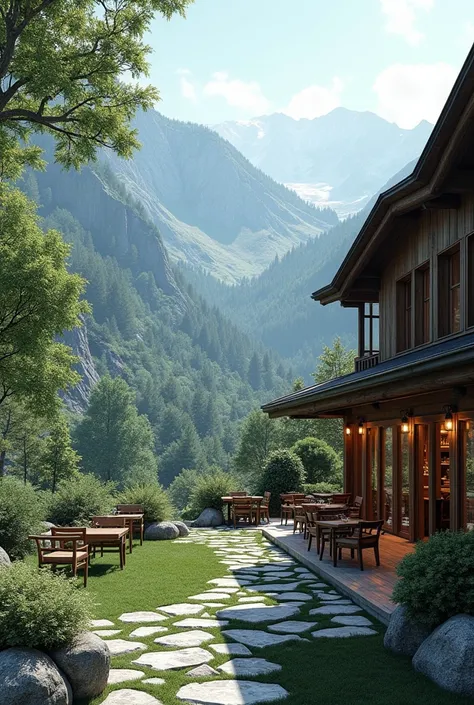 I have a hotel in the mountains with a nature theme, I want you to make a small restaurant on the right side but in the background put that same bar that you have drawn there, that is, the small restaurant in front of that image but that they are connected...