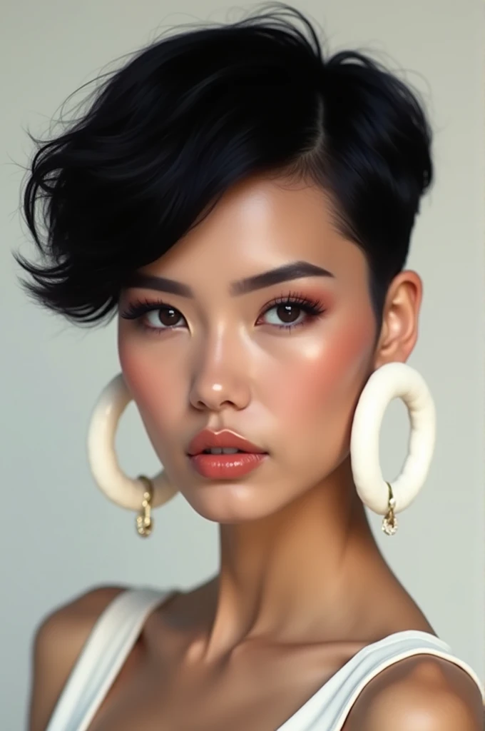 A woman with short hair, white hoop earrings 
