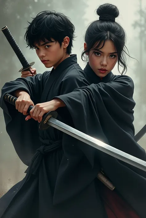 16 year old young man, He is Spanish and uses a katana. Next to him is a young woman with a katana and a black kimono., wears short black hair