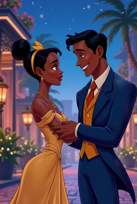 A 2d animated image of Tiana and Prince Naveen