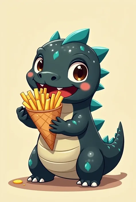 Cute little black and white baby Godzilla cartoon holding a cone of fries 