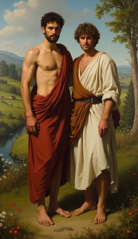 Portrait of two young brothers, Cain and Abel, in a pastoral setting.