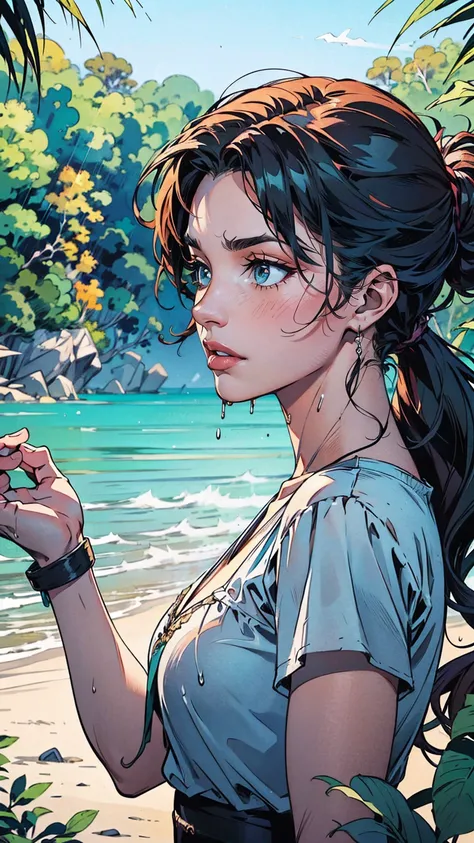 (1girl) stunning detailed candid full body portrait of a cute girl, amidst the muggy coastal jungle of a tropical paradise she explores in wonder, (she wears the robust garb of a medieval-fantasy rogue adventurer), her flowing hair is slightly damp and mes...