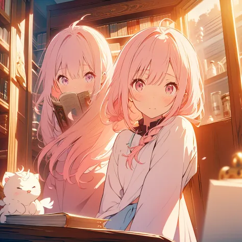 White lily、A girl with short light pink hair、Scarlet Eyes、Highlight on eyes、Crouching down to read a book、Embarrassed expression、Library、Detailed facial expressions、cute、8k、high resolution、Daytime、Bright sunlight、Blushing、Only one person