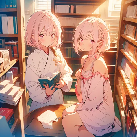 White lily、A girl with short light pink hair、Scarlet Eyes、Highlight on eyes、Crouching down to read a book、Embarrassed expression、Library、Detailed facial expressions、cute、8k、high resolution、Daytime、Bright sunlight、Blushing、Only one person