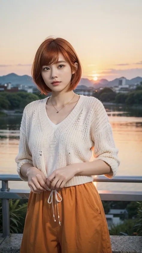 Model actress、One Woman、Singer-songwriter、cool、cute、Japanese and half European、Bright orange hair colour、short hair、Sunset landscape