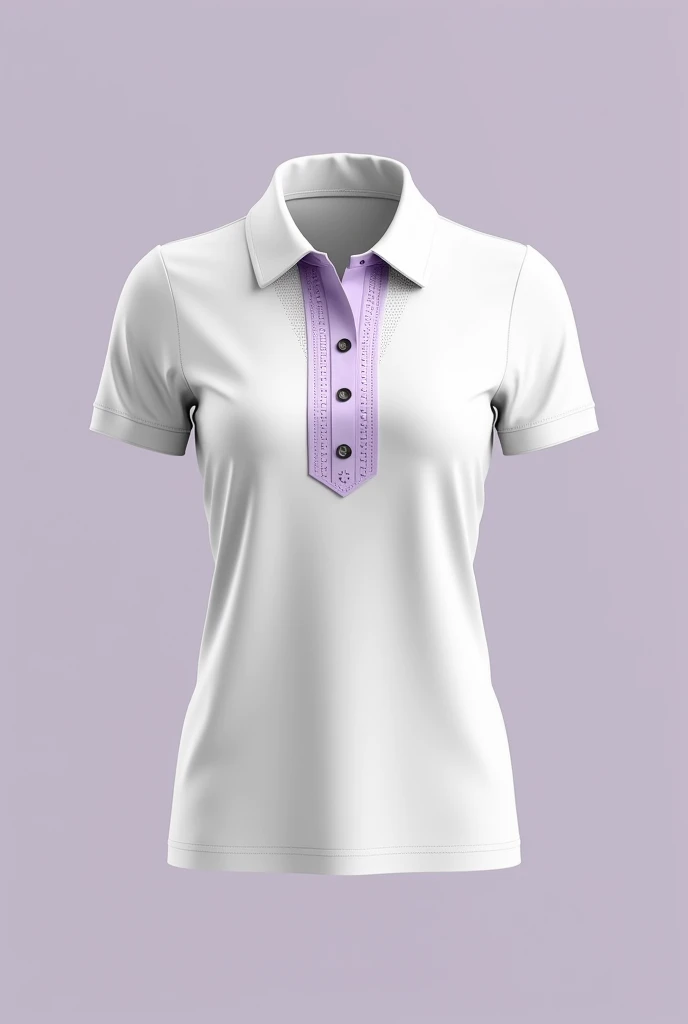 Mockup of a white ladies polo shirt with a full eyelet and a lilac placket with a white collar
