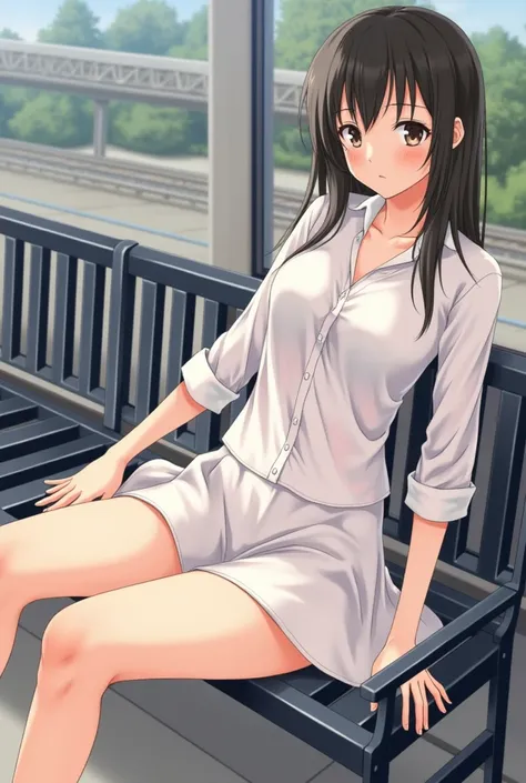 (Browsing Caution), (masterpiece), (High resolution), (Highest quality). Japanese junior high school girls、sit on a bench at the station、languid look、Throw your feet forward、lean back、Anatomically correct、beautiful girl、Spread your legs、A see-through white...