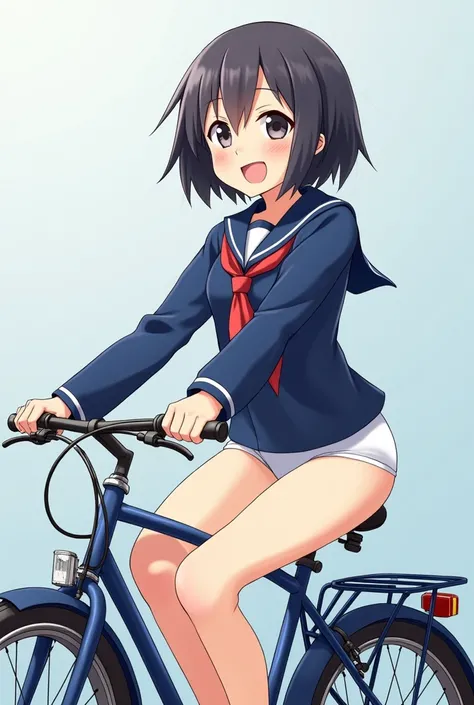 Japanese girl　18-year-old　short hair　Smile 　boyish　uniform　Student Council President　Navy blue sailor suit　ride a bicycle　White underwear
