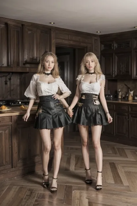 2 girls standing in the kitchen，18 years old，((Maid costume))，Full body portrait，Big breasted girl， (Gothic style:1.3) ，(Torn skirt:1.3)， Golden body proportions， Messy Blonde Hair，very long blonde hair， (very detailed) ，(Very detailed CG Unity 8k wallpape...